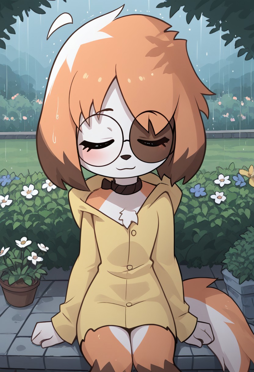 Expressiveh, score_9, score_8_up, score_7_up, score_6_up, score_5_up, best quality, high quality, good anatomy, high res, nice shading, nice angle, outdoor, 1girl, solo, sol, furry, animal ears, dog ears, tail, white tail, orange tail, ahoge, short hair, multicolored hair, orange hair, white hair, blush, skinny, cute face, sunglasses, round eyewear, hood, hood up, collar, bandaged legs, sad, smile, raining, garden, sit on face, flower, sleep, closed eyes