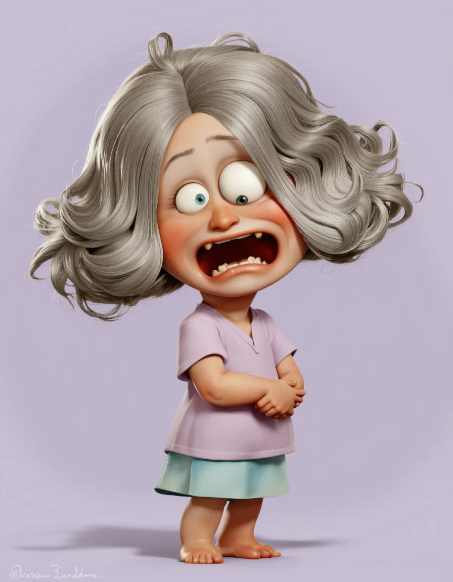 Art by Jean-Baptiste Vendamme. A cute, cartoon-style digital illustration from a frontal camera angle, featuring a small, chubby, anthropomorphic character with large, expressive blue eyes and gray hair that is messy and unkempt, standing in the middle of the image. the character appears to be a young girl, with a light purple shirt and a short, light blue skirt that falls just above her knees. she has a wide, mischievous smile with sharp teeth and a small nose, and is standing with her hands clasped together in front of her chest. her eyes are large and expressive, with big, blue eyes that seem to be looking directly at the viewer. her hair is styled in a messy, messy manner, and her facial expression is one of surprise or annoyance. the background is a simple, light purple gradient, and the character is centered in the image, with no other characters or objects in the frame.