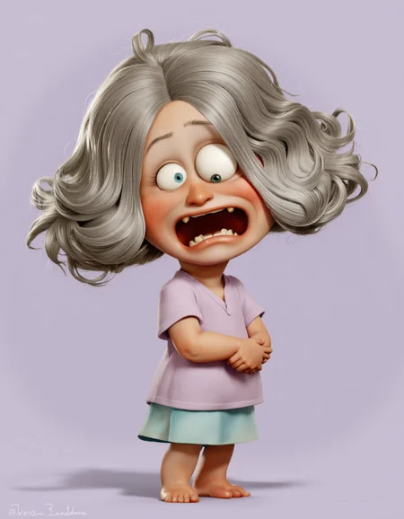 Art by Jean-Baptiste Vendamme. A cute, cartoon-style digital illustration from a frontal camera angle, featuring a small, chubby, anthropomorphic character with large, expressive blue eyes and gray hair that is messy and unkempt, standing in the middle of the image. the character appears to be a young girl, with a light purple shirt and a short, light blue skirt that falls just above her knees. she has a wide, mischievous smile with sharp teeth and a small nose, and is standing with her hands clasped together in front of her chest. her eyes are large and expressive, with big, blue eyes that seem to be looking directly at the viewer. her hair is styled in a messy, messy manner, and her facial expression is one of surprise or annoyance. the background is a simple, light purple gradient, and the character is centered in the image, with no other characters or objects in the frame.