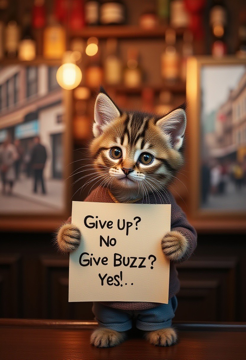 A very cute adorable charmingly down-to-earth kitten with a warm smile is seen in a lively bar, holding up a sign that reads "Give Up? No Give BUZZ? Yes!'' The kitten is dressed casually, with a relaxed demeanour that invites connection. The images on either side of him are striking photographs, capturing vibrant city scenes with a touch of nostalgia. Each image is richly detailed, showcasing a blend of modern urban life and old-world charm. The overall composition exudes a sense of warmth and familiarity, making it impossible to look away.