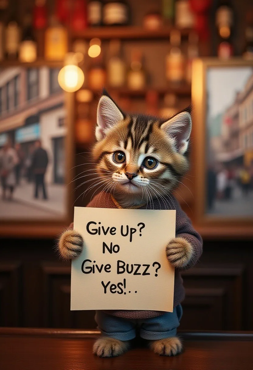 A very cute adorable charmingly down-to-earth kitten with a warm smile is seen in a lively bar, holding up a sign that reads "Give Up? No Give BUZZ? Yes!'' The kitten is dressed casually, with a relaxed demeanour that invites connection. The images on either side of him are striking photographs, capturing vibrant city scenes with a touch of nostalgia. Each image is richly detailed, showcasing a blend of modern urban life and old-world charm. The overall composition exudes a sense of warmth and familiarity, making it impossible to look away.