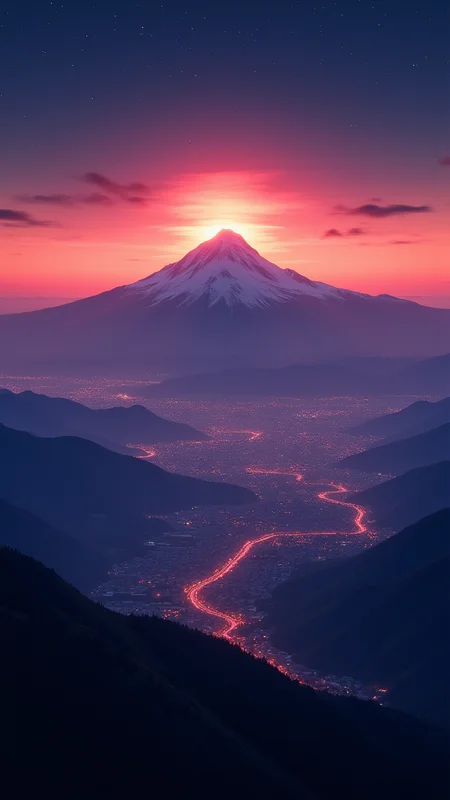 In the heart of a bustling city, a majestic mountain range stretches out before you. The sky is a deep shade of orange and pink as the sun sets behind it. Stars in the sky, Ambient lighting, 800mm lens, aidmaimageupgrader