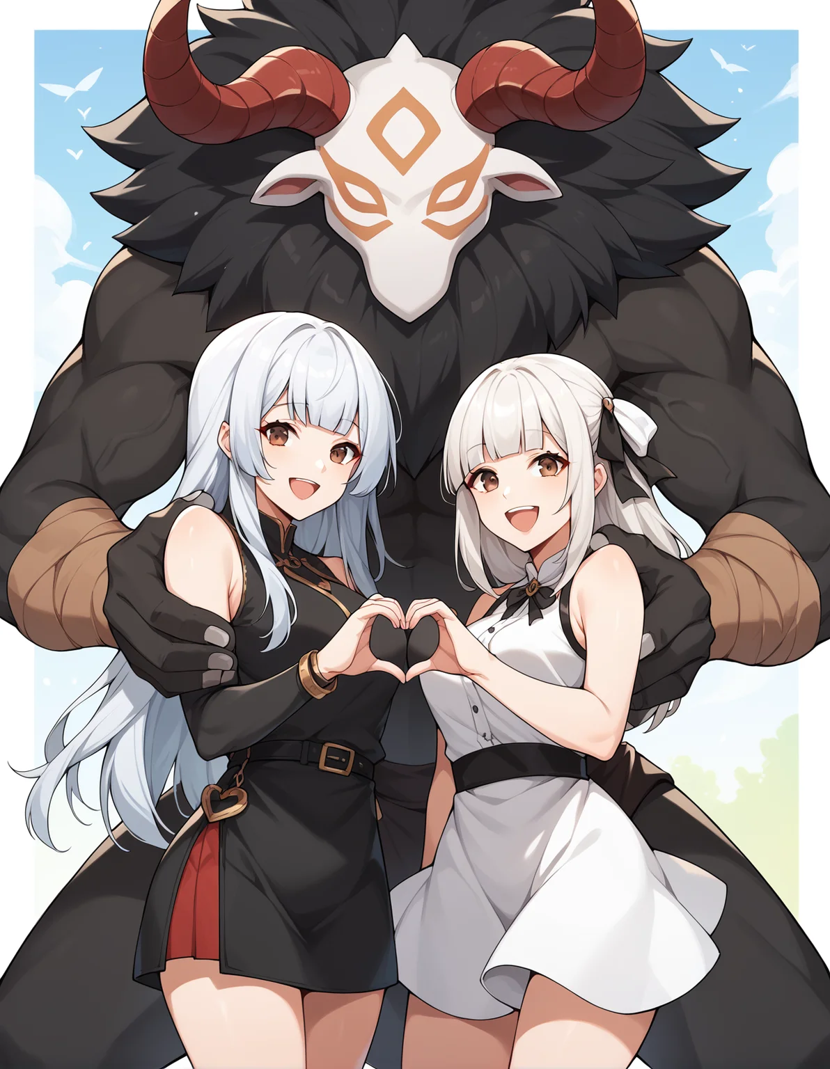 score_9, score_8_up, score_7_up, score_6_up, score_5_up, score_4_up, source_anime, rating_safe, BREAK 2girls, brown eyes, long hair, white hair, multicolored hair, blunt bangs, medium breasts, hair ribbon, smile, happy, open mouth, heart hands duo, <lora:mitachurlXL_LoRA-C3Lier_AdamW_Dim8_Alpha8_UN-3e-4_TE-1.5e-4_10batch_ponyDiffusionV6XL_v6StartWithThisOne:1>, 1boy, mitachurl, monster, hilichurl, standing, couple