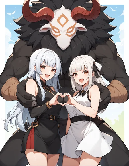score_9, score_8_up, score_7_up, score_6_up, score_5_up, score_4_up, source_anime, rating_safe, BREAK 2girls, brown eyes, long hair, white hair, multicolored hair, blunt bangs, medium breasts, hair ribbon, smile, happy, open mouth, heart hands duo, <lora:mitachurlXL_LoRA-C3Lier_AdamW_Dim8_Alpha8_UN-3e-4_TE-1.5e-4_10batch_ponyDiffusionV6XL_v6StartWithThisOne:1>, 1boy, mitachurl, monster, hilichurl, standing, couple