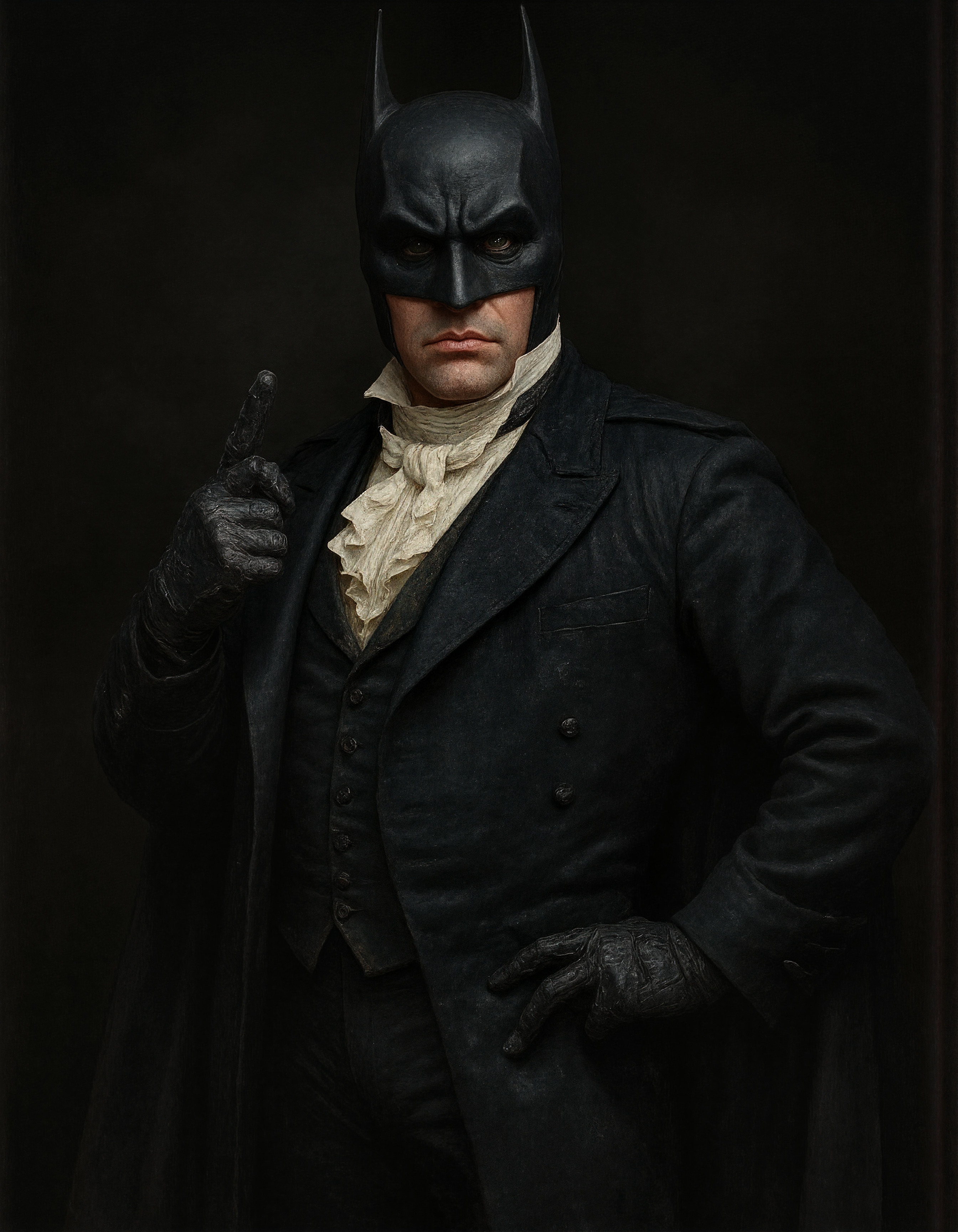 <lora:Dark_Ghibli:0.6>, masterpiece iconic portrait of iconic hero Batman in iconic pose dressed in style of 19th century at dark background, <lora:4oCaricature_early:0.6>, mid body, portrait, <lora:oleg:0.5>, Oleg, man, 50 yo
