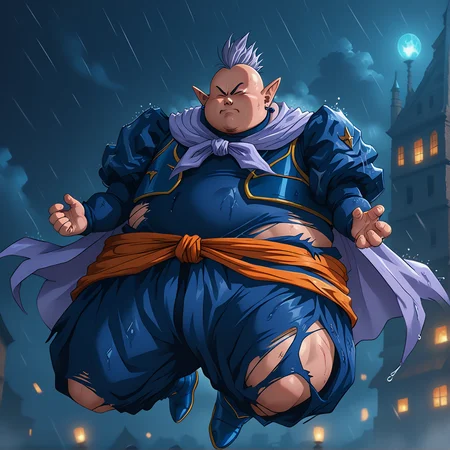 score_9, score_8_up, score_7_up, <lora:kaioshin-000015:0.9> dbzkaioshin, 1boy, fat man, light-purple mohawk, bald:1, solo, potara earrings, light-purple cape, blue vest, dark-blue sweater, orange sash, dark-blue baggy pants, blue boots, flying, incoming attack, from below, dutch angle, rain, thunder, night, wet body, wet clothes, energy, torn clothes, injury, annoyed, hands up, cloudy sky, <lora:vivid_everclear:1>