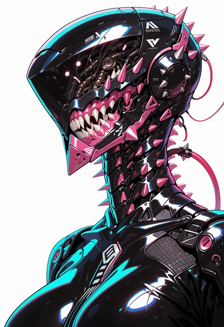 masterpiece, best quality, amazing quality, intricate detail, highly detailed,
<lora:ArmorPunkILLUSTRIOUS:1> arm0rpunkv4
mechanical_armor, mechanical_mask, mechanical_helmet, 1girl, solo, breasts, simple background, white background, collar, spikes, cable, spiked collar, spine