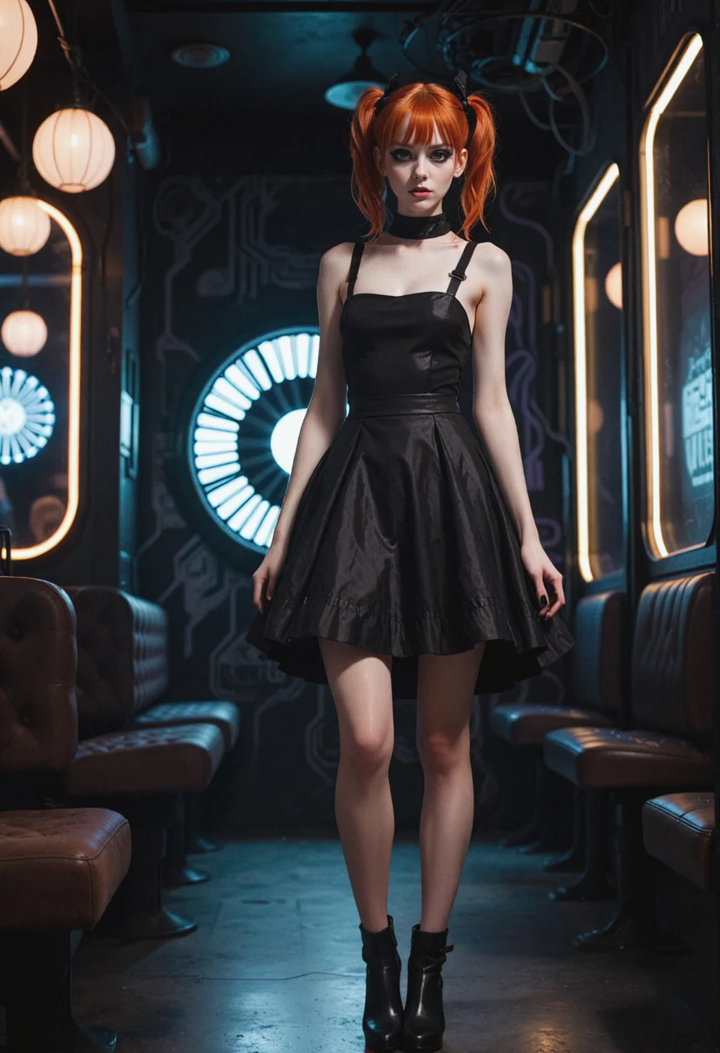 Avant-garde photography portraying a young austrian woman, striking an elegant pose in a scifi theme-cafe with virtual lighting. The focal point of the full body shot is on the woman, showcasing the dress she's wearing. The outfit's color is predominantly black featuring white accents. Bold goth-makeup adorns her face, contrasting alluringly against her pale skin. She has ginger, high, twintails style hair. Her sunny demeanor appears curious and excited, staring to the left, adding to the sanguine mood of the image. She is wearing a velvet pinafore dress. Her outfit is completed by a pair of peep-toe boots, made from black leather showing off her black painted toenails, pronouncing her long slender legs. The scene is set inside a quirky cyberpunk cafe inspired by 2010s emo-scene aesthetics with floating neon light sources in a wireframe design hinting at the scifi theme, with walls adorned with artistic murals along with translucent screens on the walls, creating a characteristic ambience. <lora:dmd2_sdxl_4step_lora>