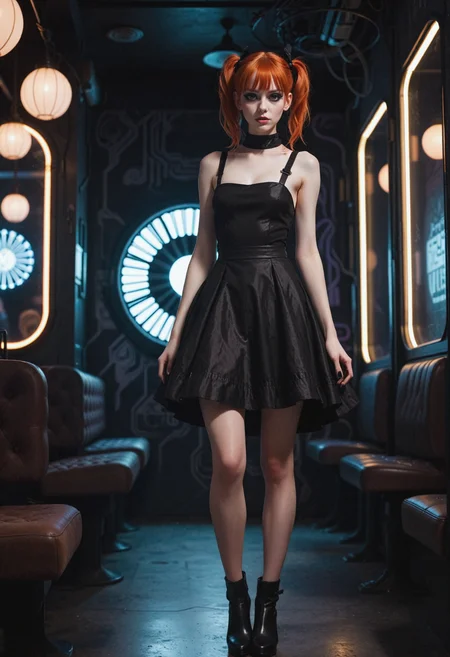 Avant-garde photography portraying a young austrian woman, striking an elegant pose in a scifi theme-cafe with virtual lighting.  The focal point of the full body shot is on the woman, showcasing the dress she's wearing. The outfit's color is predominantly black featuring white accents.  Bold goth-makeup adorns her face, contrasting alluringly against her pale skin.  She has ginger, high, twintails style hair. Her sunny demeanor appears curious and excited, staring to the left, adding to the sanguine mood of the image.  She is wearing a velvet pinafore dress. Her outfit is completed by a pair of peep-toe boots, made from black leather showing off her black painted toenails, pronouncing her long slender legs.  The scene is set inside a quirky cyberpunk cafe inspired by 2010s emo-scene aesthetics with floating neon light sources in a wireframe design hinting at the scifi theme, with walls adorned with artistic murals along with translucent screens on the walls, creating a characteristic ambience.   <lora:dmd2_sdxl_4step_lora>