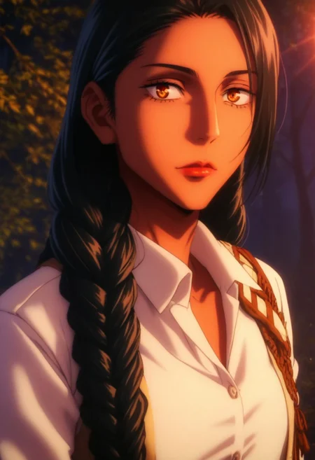 score_9, score_8_up, score_7_up, source_anime, intricate details, anime screencap, perfect balance, official art, extremely detailed CG unity 8k wallpaper, perfect lighting, Colorful, Warm_Front_face_Lighting, (masterpiece:1.0),(best_quality:1.0), ultra high res,4K,ultra-detailed, photography, 8K, HDR, highres, absurdres:1.2, Kodak portra 400, blurry background, bokeh, lens flare, (Anime) (vibrant_color:1.2), professional photograph, night, (good_face:1.2), 2d, anime, upper body, intricate iris, American, Professional character design, 1girl, female focus, (Orange amber eyes), perfect eyes, (black-hair), tanned skin, dark skin, Native American, Indigenous, American Indian, Tribal, feathers, Tribal_braids, Decorated_braids, white dress shirt, bolo tie, black_leather_jacket, Black-Western-Fringe-Jacket, youthful, solo, jujutsu_kaisen_style, character portrait, (perfect-lighting, lens flare), face, torso, (Friendly), young, (redwood forest, nature), (Dark-black-hair), Long hair, Wild hair, feathered hair, tanned skin, Native American, Indigenous, American Indian, Tribal, feathers, Tribal_braids, Decorated_braids, Feathers-in-braids, white dress shirt, (bolo-tie), Black-Leather-Fringed Jacket, (Black-Fringed-Jacket), wild, animalistic, energetic, hyper, North American, Shimmering-Eyes, Admiration, Pride, (Red, Orange, Yellow, Black) almond-shaped eyes, high cheekbones, strong jawline, (Black Hair)