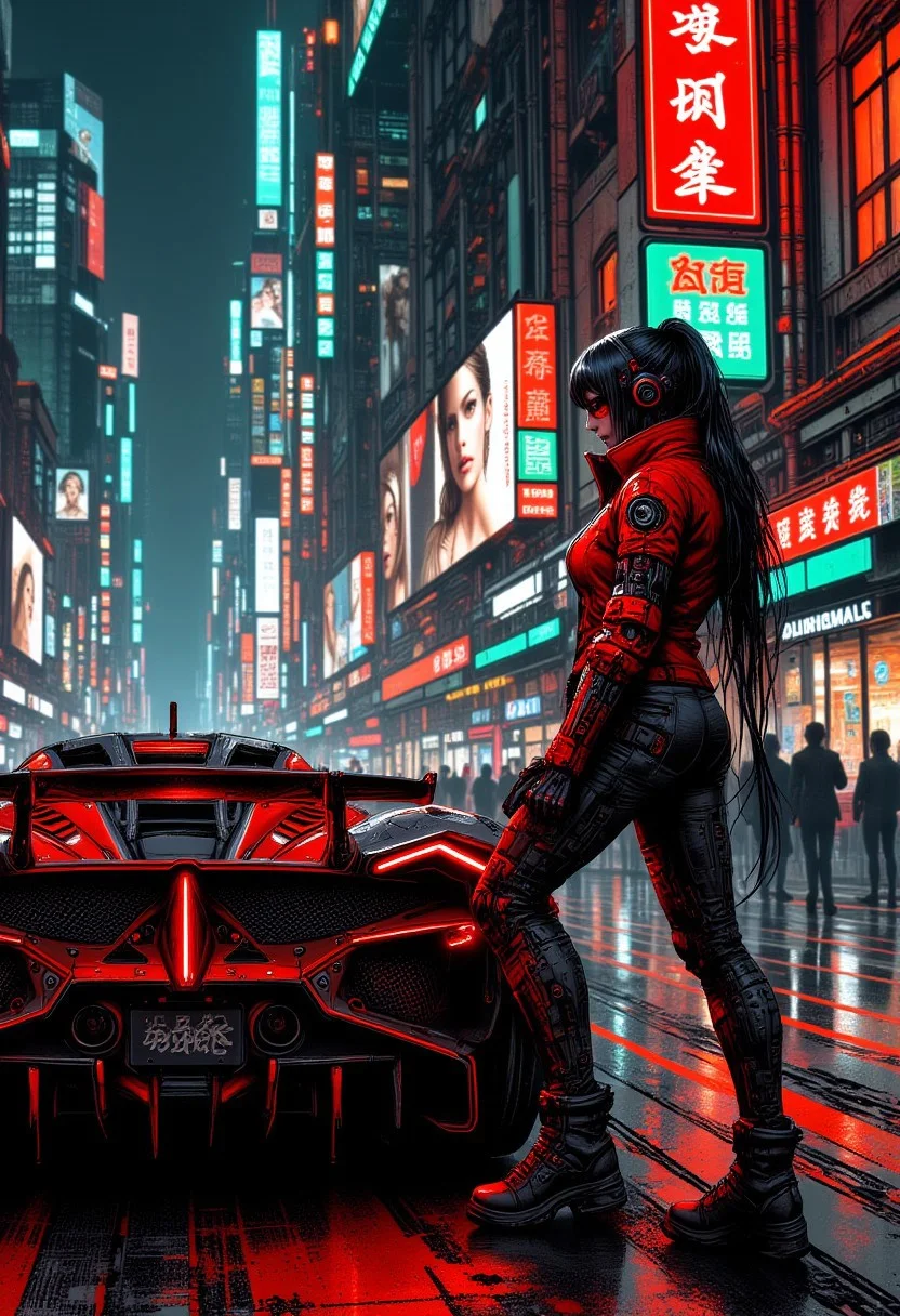 cyberpunk anime style, goth woman standing next to sci-fi supercar, parked on a cyberpunk street, with neon signs and large adverts featuring women, red and black colour theme