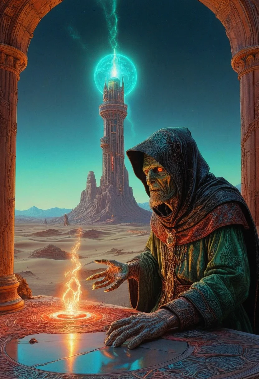 appears trapped in an optical illusion of reflections and refractions. Illustration by moebius, a tower in a desert, intricate details, an undead wizard with glowing turquois eyes wearing robes that are red and black with an intricate pattern of YellowGreen lightening motif have the wizards hands spread out with energy glowing around his hands that are the same color as his glowing eyes also have the mouth open and the face of the undead wizard look very decayed but still have some flesh medium grain, FRESHIDESH Moebius comic book