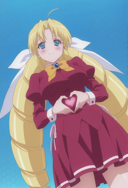 anime screencap, anime coloring, <lora:DX888Sernia:1> sernia iori flameheart, blue eyes, blonde hair,very long hair, twin drills BREAK simple background, blue  background, (honeycomb background:1.2),  BREAK   hair ribbon,bow, brooch, school uniform, red shirt, puffy sleeves, long sleeves, red skirt, BREAK    1girl, blush, breasts, closed mouth, cowboy shot,  heart hands, solo, from below, dutch angle,smile,