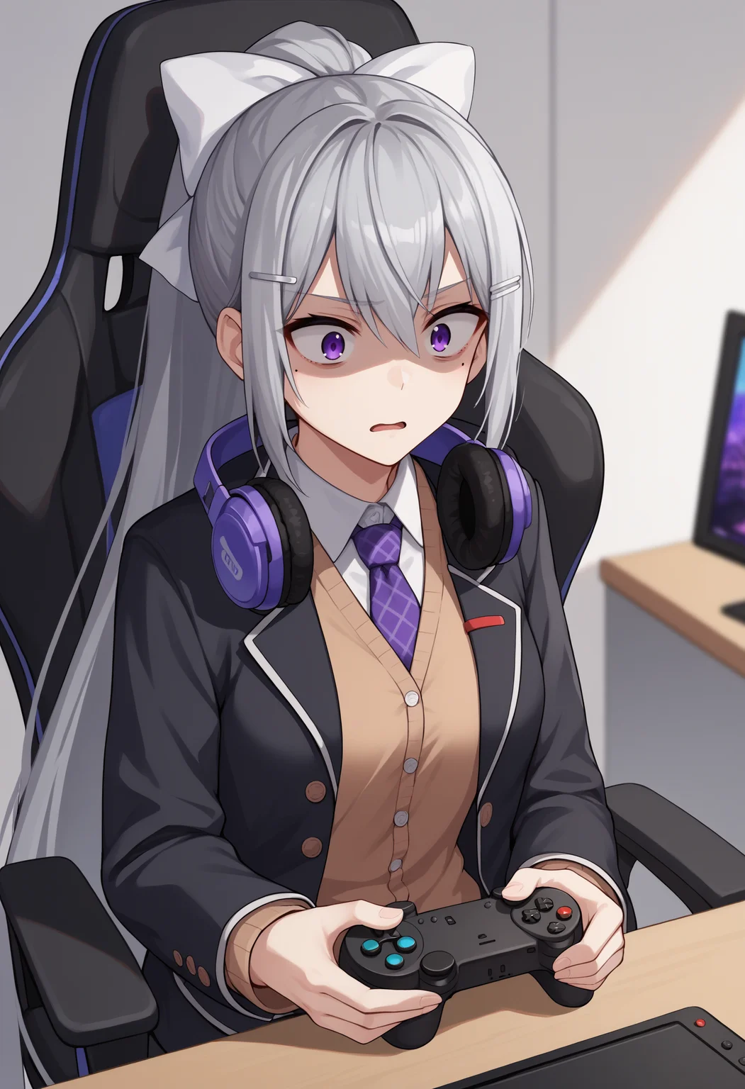 score_9, score_8_up, score_7_up, source_anime, hk1, purple eyes, grey hair, hair between eyes, long hair, very long hair, ponytail, mole, mole under eye, bow, white bow, hair bow, hairclip, hair ornament, shirt, white shirt, necktie, purple necktie, cardigan, brown cardigan, jacket, black jacket, blazer, constricted pupils, open mouth, headphones around neck, shaded face, room, playing games, gaming chair, controller<lora:HiguchiKaedeXLv2-16:1>