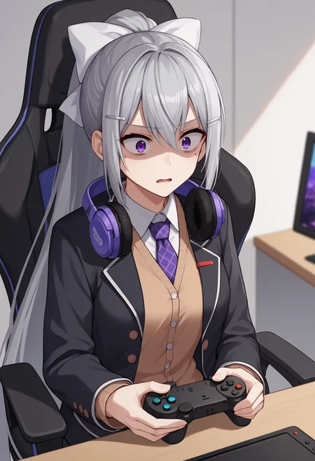 score_9, score_8_up, score_7_up, source_anime, hk1, purple eyes, grey hair, hair between eyes, long hair, very long hair, ponytail, mole, mole under eye, bow, white bow, hair bow, hairclip, hair ornament, shirt, white shirt, necktie, purple necktie, cardigan, brown cardigan, jacket, black jacket, blazer, constricted pupils, open mouth, headphones around neck, shaded face, room, playing games, gaming chair, controller<lora:HiguchiKaedeXLv2-16:1>