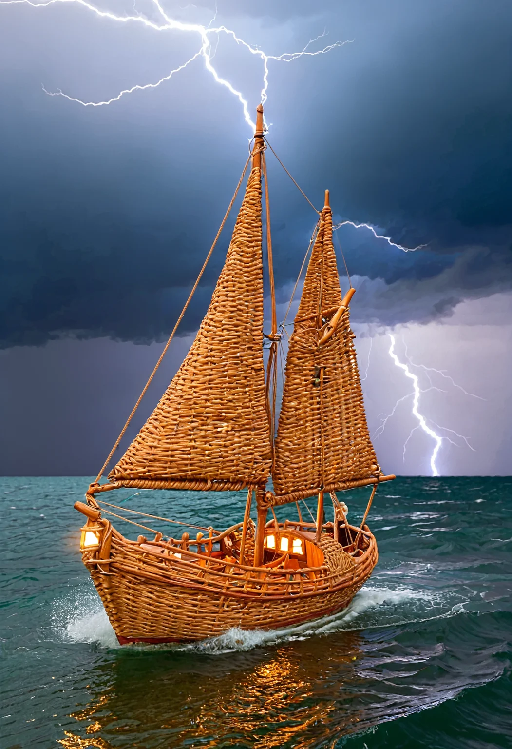 wkrstyle, a wicker small sailing ship, on the surface of the water, in the sea, stormy weather, lightning in the background, foggy weather, at night, orange light in the background,