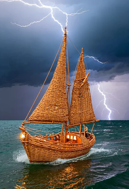 wkrstyle, a wicker small sailing ship, on the surface of the water, in the sea, stormy weather, lightning in the background, foggy weather, at night, orange light in the background,