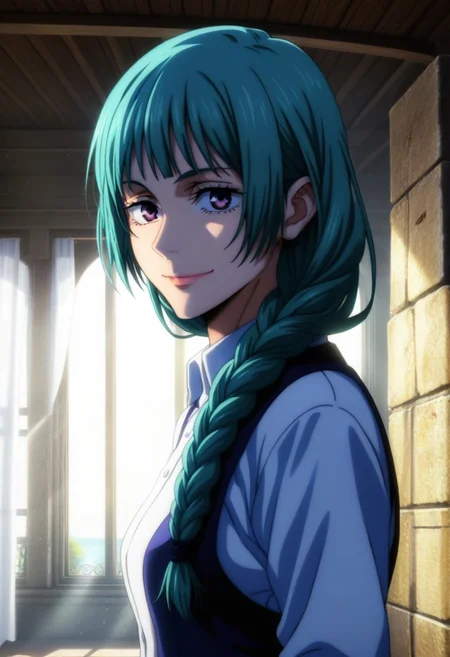 score_9, score_8_up, score_7_up, source_anime, intricate details, anime screencap, perfect balance, official art, extremely detailed CG unity 8k wallpaper, perfect lighting, Colorful, Warm_Front_face_Lighting, (masterpiece:1.0),(best_quality:1.0), ultra high res,4K,ultra-detailed, photography, 8K, HDR, highres, absurdres:1.2, Kodak portra 400, blurry background, bokeh, lens flare, (Anime) (vibrant_color:1.2), professional photograph, night, (good_face:1.2), 2d, anime, upper body, intricate iris, American, 1960s, 1970s, Professional character design, 1girl, female focus, (vibrant amethyst purple eyes), perfect eyes, (cyan hair), (Long Silky smooth hair), (pretty hair), (beautiful hair), (curtain bangs), braided hair, preppy, white dress shirt, youthful, feminine, solo, jujutsu_kaisen_style, character portrait, (perfect-lighting, lens flare), face, torso, (Kind) (Friendly) (Happy) (Sweet smile), feminine, young, (Wealthy, manor, extravagant, ornate embellishments, coastal, shore, cliff), warm sunlight, awn, (orange sunlight), (warm lighting), comfortable lighting.