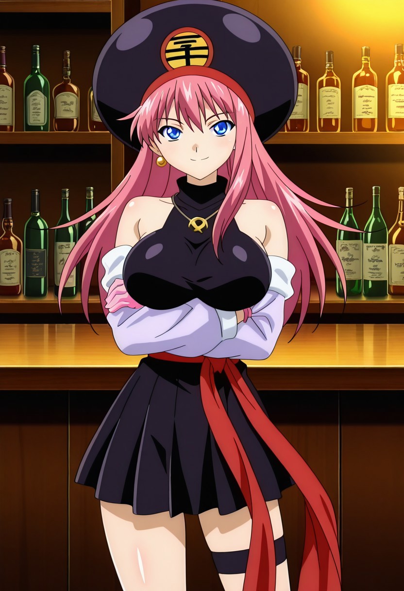 finetuneanime,anime screencap, official art, detailed anime, ultra detailed anime art, anime screencap, screencap, score 9, score 8 up, score 7 up, masterpiece, anime coloring, source anime,
BREAK
MionBase, 1girl, blue eyes, solo, pink hair, long hair, large breasts, curvy, fair skin, shiny skin, smoothy skin, fair skin, fair skin, NEGATIVE_HANDS, 
BREAK
black hat with symbol, detached sleeves, short dress, black dress, dress tug, bare shoulders, pink gloves, sleeveless, red long sash, sleeveless dress, jewelry, golden bead earrings, necklace, golden ornament on necklace, leg warmers, loose socks, black shoes, thigh strap with heart, pleated skirt, shiny skin, smoothy skin, 
BREAK
cowboy shot, standing, arms crossed, smile, posing, sensual pose, bar, dark room, indoor, bar counter, detailed background,