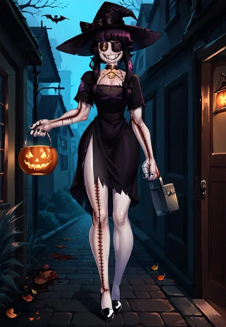 1girl, creepy susie, ((Goth Girl with very pale skin)) , eyepatch on left eye, smile, grin,
BREAK
score_9, score_8_up, score_7_up, score_6_up, source_cartoon,
GothMakeup,
black hair bow, black sclera, colored sclera, yellow eyes, short black hair, braids, black dress, black high heels, stitches, injury, scars, + +, injury, scars, blood, black tears, tr1ck0rtr3at, holding, Halloween bucket in left hand, doorway, street background, jack-o'-lantern, trees, falling leaves, yellow orange and red leaves, holding a butcher knife in right hand, witch hat