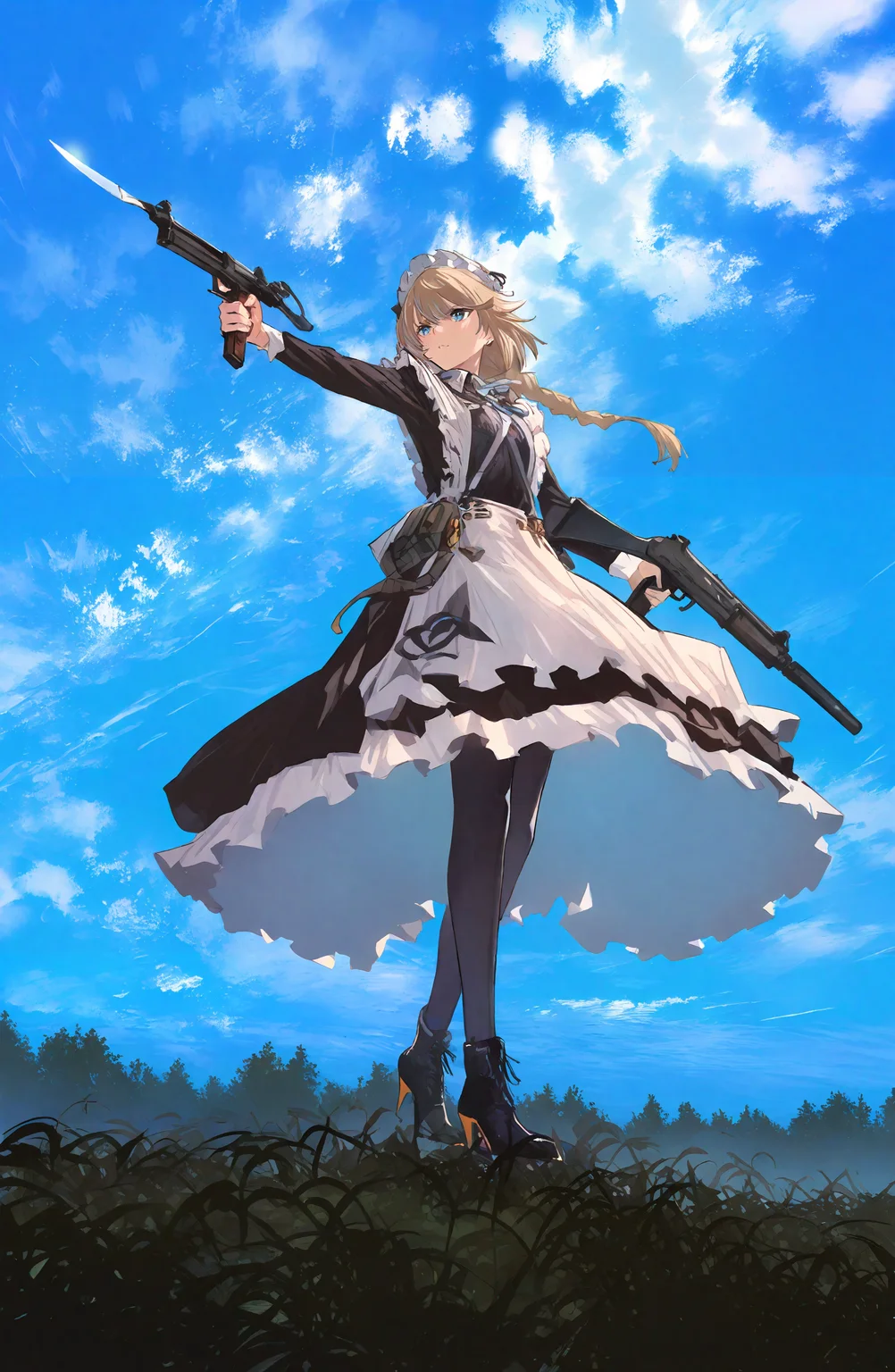 1girl, solo, blonde_hair, long_sleeves, dress, holding, full_body, braid, weapon, pantyhose, outdoors, frills, sky, day, cloud, black_footwear, holding_weapon, black_dress, apron, high_heels, blue_sky, twin_braids, gun, maid, maid_headdress, cat, grass, holding_gun, maid_apron, dual_wielding, submachine_gun