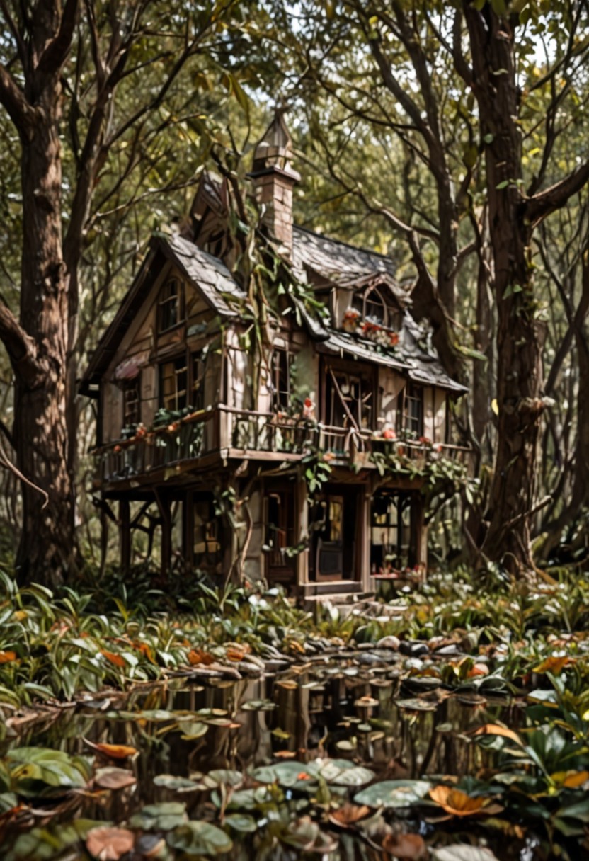 Photography of a cottage near a pond, spring time.In the depths of a romantic forest small house.