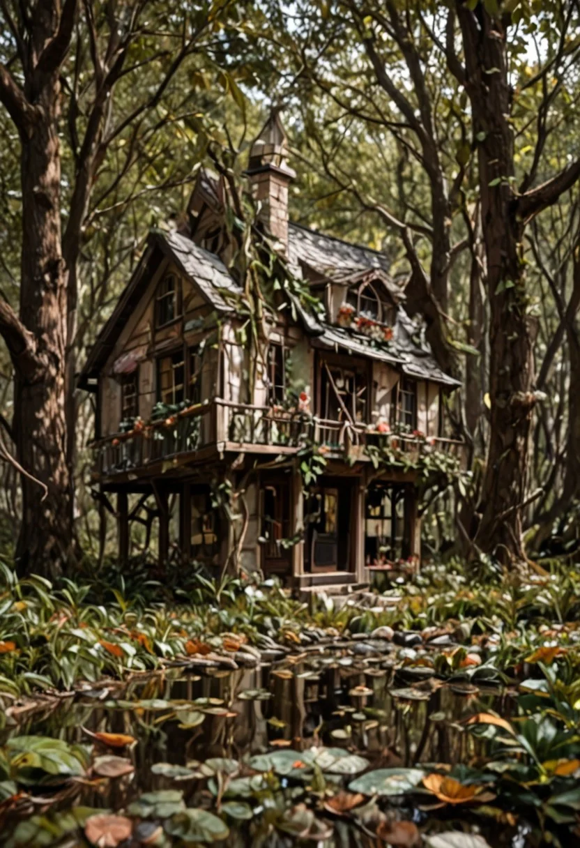 Photography of a cottage near a pond, spring time.In the depths of a romantic forest small house.