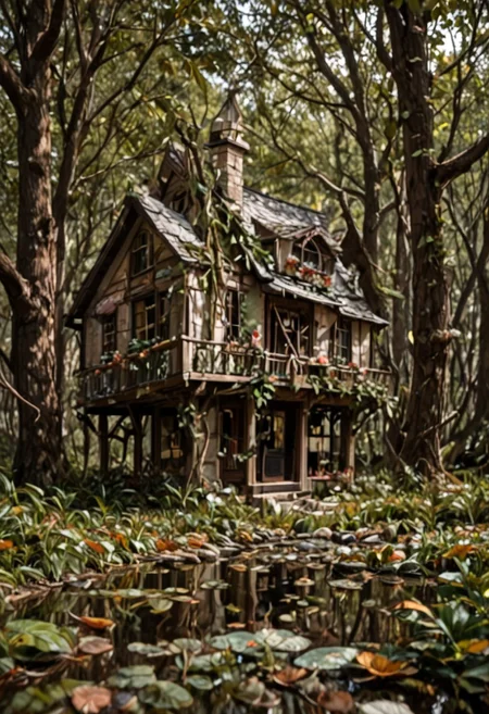 Photography of a cottage near a pond, spring time.In the depths of a romantic forest small house.