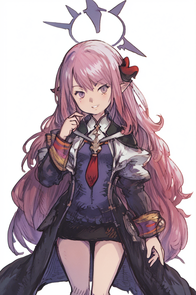 (Yoshida_Akihiko_PonyXL_style_v02.10.01) Iroha_(Blue_Archive), red head, red necktie, black shirt, black skirt, purple eyes, purple halo, military hat, purple eyes, very long hair, huge hair, small breasts, long sleeves, military, black jacket, white background, armband, opened coat, black coat, grin, (Bravely Default Style), yoshida akihiko, purple eyes, red hair, red hair, red yellow armbard, purple eyes, hair bow, <lora:pony\char\game\ba\Iroha_Pony-10.safetensors>, <lora:pony\style\Yoshida_Akihiko_PonyXL_style_v02.10.01.safetensors>, <lora:styles\yoshida_akihiko_offset.safetensors>, <lora:styles\BravelyDefault.safetensors>, <checkpoint:[Pony] duchaitenPonyXLNo_v35.safetensors>, <checkpoint:[SD15] tfmCutesyAnime2_genesis.safetensors>