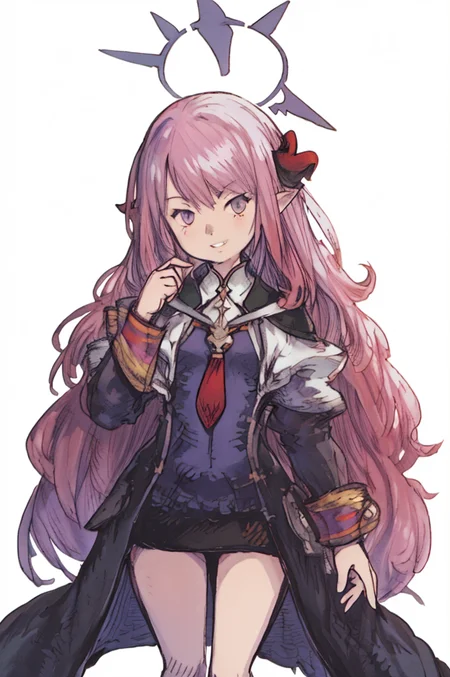 (Yoshida_Akihiko_PonyXL_style_v02.10.01) Iroha_(Blue_Archive), red head, red necktie, black shirt, black skirt, purple eyes, purple halo, military hat, purple eyes, very long hair, huge hair, small breasts, long sleeves, military, black jacket, white background, armband, opened coat, black coat, grin, (Bravely Default Style), yoshida akihiko, purple eyes, red hair, red hair, red yellow armbard, purple eyes, hair bow, <lora:pony\char\game\ba\Iroha_Pony-10.safetensors>, <lora:pony\style\Yoshida_Akihiko_PonyXL_style_v02.10.01.safetensors>, <lora:styles\yoshida_akihiko_offset.safetensors>, <lora:styles\BravelyDefault.safetensors>, <checkpoint:[Pony] duchaitenPonyXLNo_v35.safetensors>, <checkpoint:[SD15] tfmCutesyAnime2_genesis.safetensors>