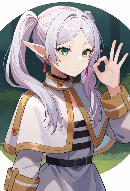 score_9_up score_8_up score_7_up, 1girl, source_anime, ok sign
BREAK
nereirfpnxl, frieren, 1girl, solo, pointy ears, twintails, earrings, elf, parted bangs, white hair, white capelet, capelet
<lora:ok_sign_pony_d16:1>
<lora:others_frieren_nereirfpnxl_pony_v2:1>