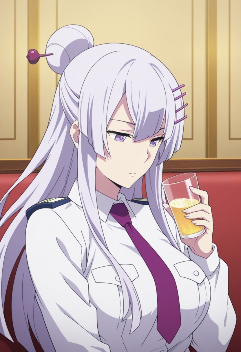 masterpiece,best quality,amazing quality, source_anime, 
Froleytia, 1girl, solo, purple eyes, purple hair, long hair, hair ornament, single hair bun, hair stick, uniform, shirt, white shirt, collared shirt, necktie, purple necktie, upper body, holding glass, 
indoor, couch, sitting,