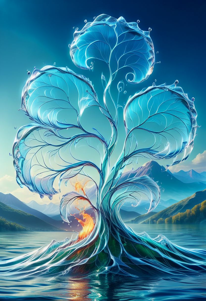 UHD, masterpiece, high quality, extremely details, intricate details, sharp focus, realistic, OverallDetailXL, sss
a tree made of water with leaves on fire ,ais-wvs, strong wind, leaves dancing in the air, lake surrounded by mountains,