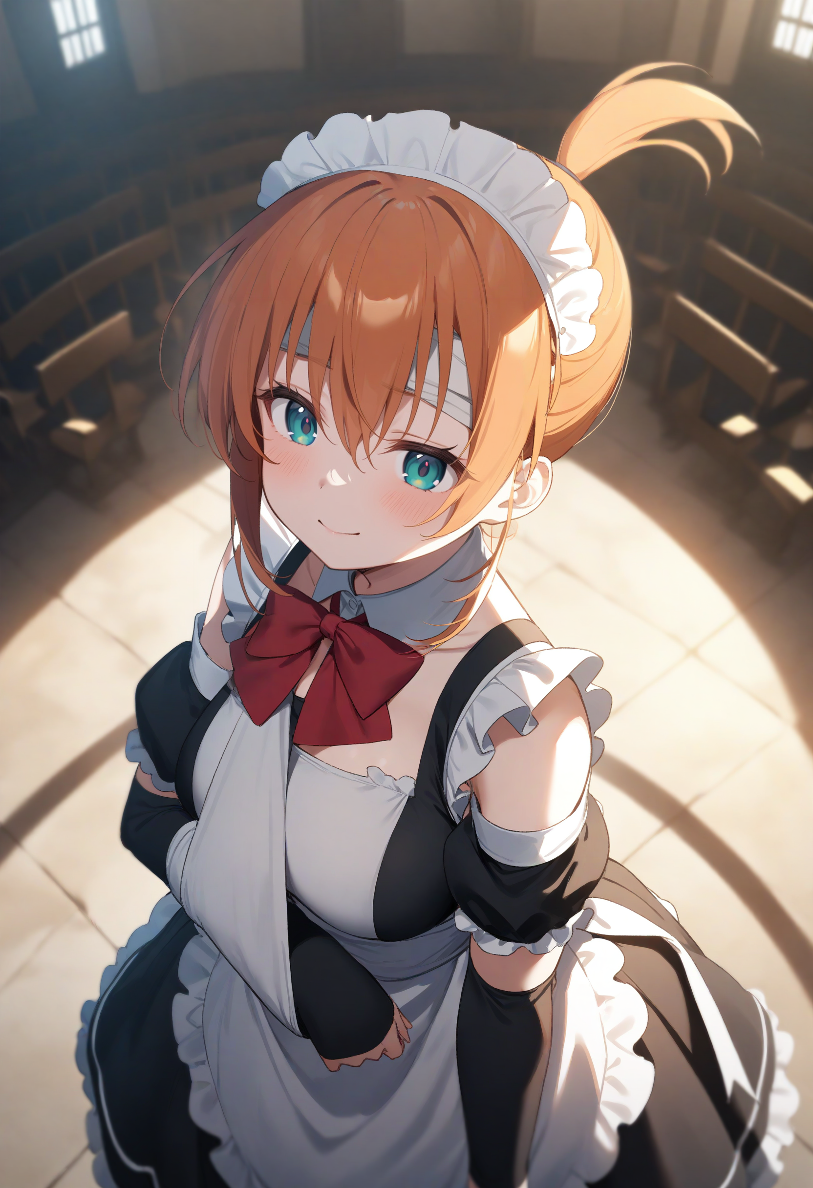 1girl,sincos, ningen mame, toosaka asagi,solo,large breasts, maid, maid headdress, detached sleeves, miniskirt, 20yo,
arm sling,<lora:armsling_XL_v1:0.8>bandaged head ,
from above, wide shot, looking down, orange hair, green eyes,archaic smile, in chapel, closed mouth, topknot hair,,
best quality, very aesthetic, absurdres