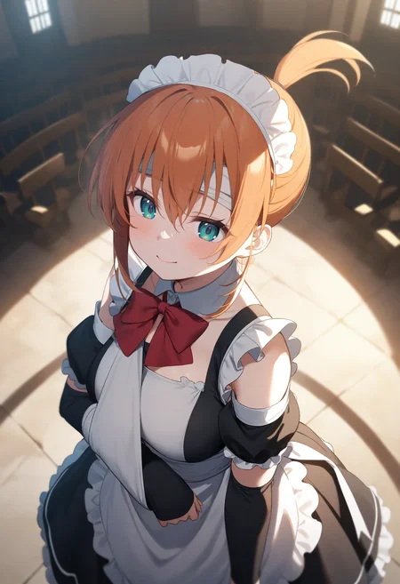 1girl,sincos, ningen mame, toosaka asagi,solo,large breasts, maid, maid headdress, detached sleeves, miniskirt, 20yo,
arm sling,<lora:armsling_XL_v1:0.8>bandaged head ,
from above, wide shot, looking down, orange hair, green eyes,archaic smile, in chapel, closed mouth, topknot hair,,
best quality, very aesthetic, absurdres