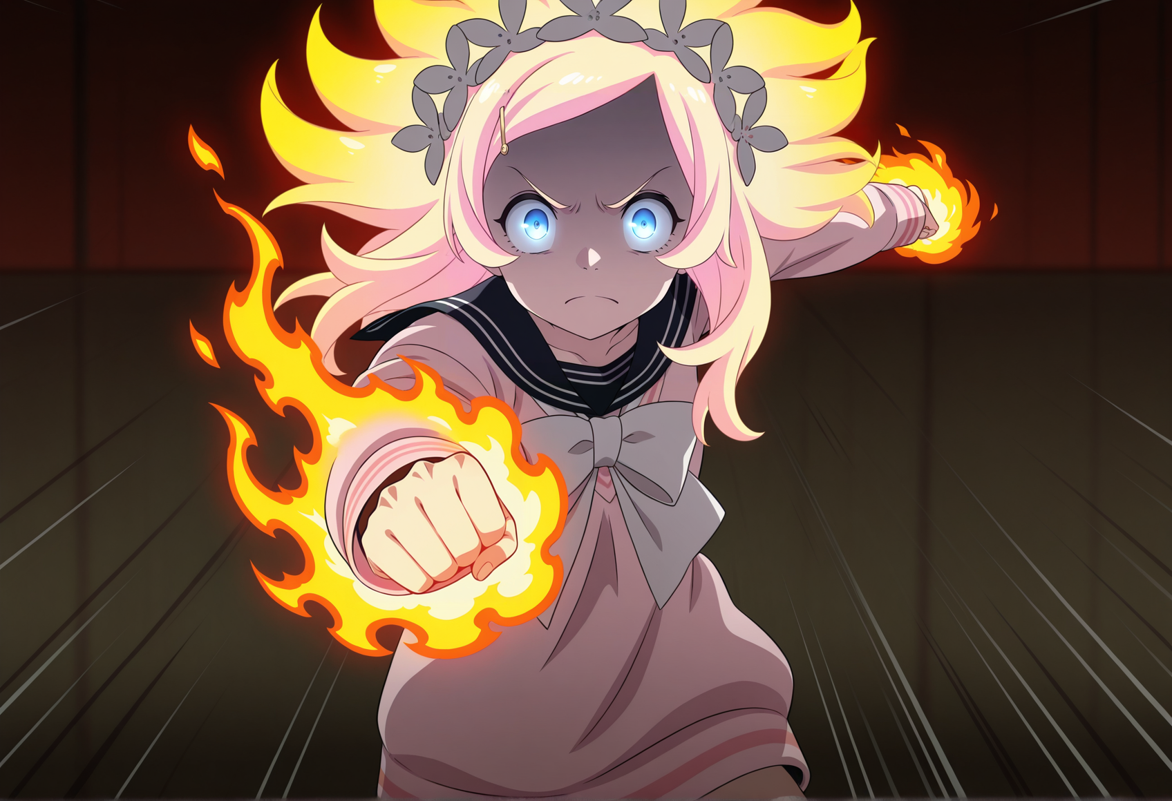 speed lines, anime screencap, anime coloring, anime screenshot, 1girl, blonde hair, long hair, spiked hair, blue eyes, hair ornament, serafuku, pink sweater, flaming punch, incoming punch, glowing eyes, glowing hair, serious, wide-eyed,  cowboy shot <lora:bubuki_blonde:1> looking at viewer,, masterpiece, best quality, amazing quality, very aesthetic, absurdres, highres, newest