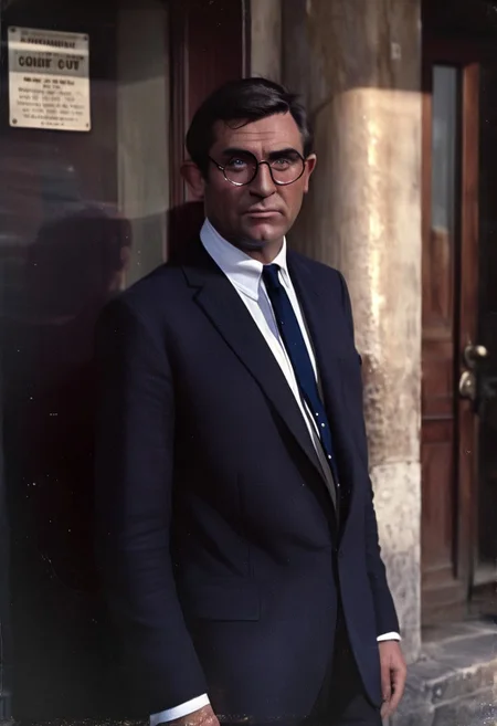 James Bond 007 style, 50 years old, elegant, wealthy man, servant, dark longer hair, clean-shaven, honey eyes, pondering facial expression, in his hands an elegant black cane with a knob looking like a lions head, beautifully carved out of ivory, wearing a white shirt and an elegant dark blue suit, a bowler hat on his head with a small blue feather, a watch on a chain, thin glasses on his nose old-fashioned shiny frame, standing in front of the entrance to the bank, full body, portrait, 35 mm f 1.8 lens, gentle morning light,,<lora:Vintage_Street_Photo:0.8>
BREAK