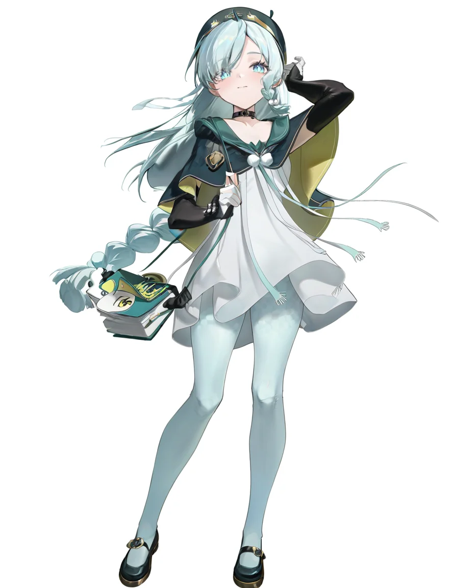 yuebai01,1girl,solo,long hair,full body,pantyhose,hat,braid,black footwear,dress,white dress,choker,blue eyes,looking at viewer,bag,book,beret,white background,gloves,
<lora:yuebai_noob:1>,masterpiece,best quality,very aesthetic,absurdres,