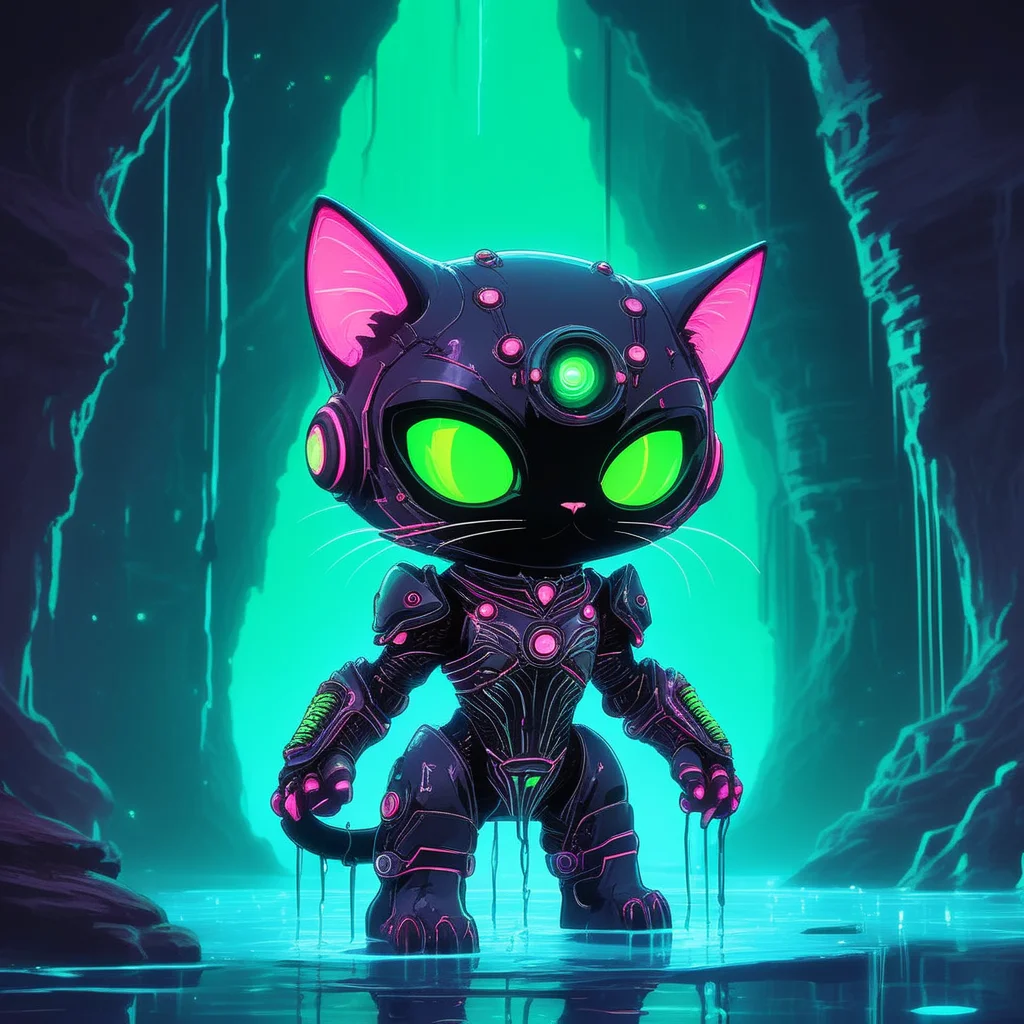 Alien-themed <lora:Meowpocalypse:1> meowpocalypse,In a cavern illuminated by a pool of glowing, irradiated water, a chibi cat wearing exoskeletal armor tinkers with a drone, its mechanical paw deftly connecting wires while its biological eye gleams with focus. The scene is shot from a low angle, emphasizing the cathedral-like arches of the cavern above, where stalactites drip neon green. The soft, pulsing light of the water reflects off the catâs armor, painting the scene in an eerie, ethereal glow that contrasts with the sharp metallic edges of its technological surroundings. . Extraterrestrial, cosmic, otherworldly, mysterious, sci-fi, highly detailed