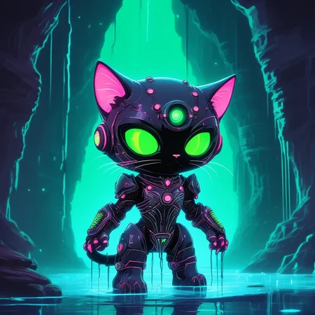 Alien-themed  <lora:Meowpocalypse:1> meowpocalypse,In a cavern illuminated by a pool of glowing, irradiated water, a chibi cat wearing exoskeletal armor tinkers with a drone, its mechanical paw deftly connecting wires while its biological eye gleams with focus. The scene is shot from a low angle, emphasizing the cathedral-like arches of the cavern above, where stalactites drip neon green. The soft, pulsing light of the water reflects off the catâs armor, painting the scene in an eerie, ethereal glow that contrasts with the sharp metallic edges of its technological surroundings. . Extraterrestrial, cosmic, otherworldly, mysterious, sci-fi, highly detailed