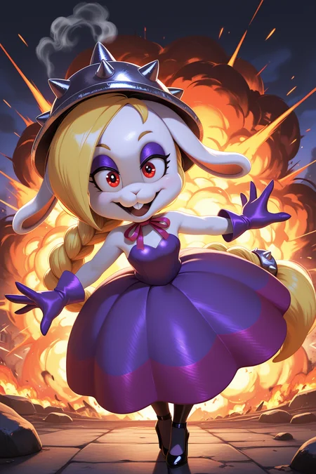 masterpiece, best quality, amazing quality, absurdres, mariohariet, blonde hair, single braid, white skin, furry female, rabbit girl, solo, smile, open mouth, confident, outstretched arms, looking at viewer, spiked helmet, purple dress, purple gloves, black stiletto heels, outdoors, intense atmosphere, stylized, explosion, fire, sparks, steam, smoke