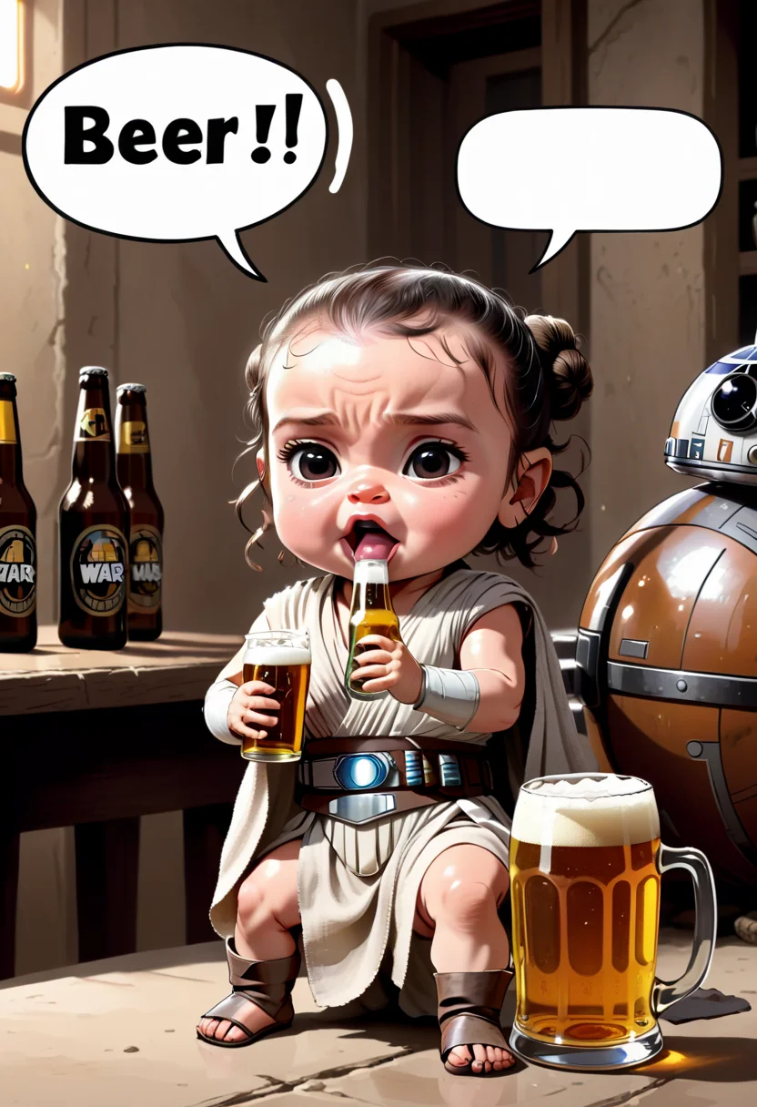 Baby Rey from Star Wars drinking beer, Comic strip speech bubble "BEER!".
Steps: 30, Sampler: Euler, CFG scale: 12.0, Seed: 2391085041, Size: 832x1216, Model: starlightAnimated_v3-5