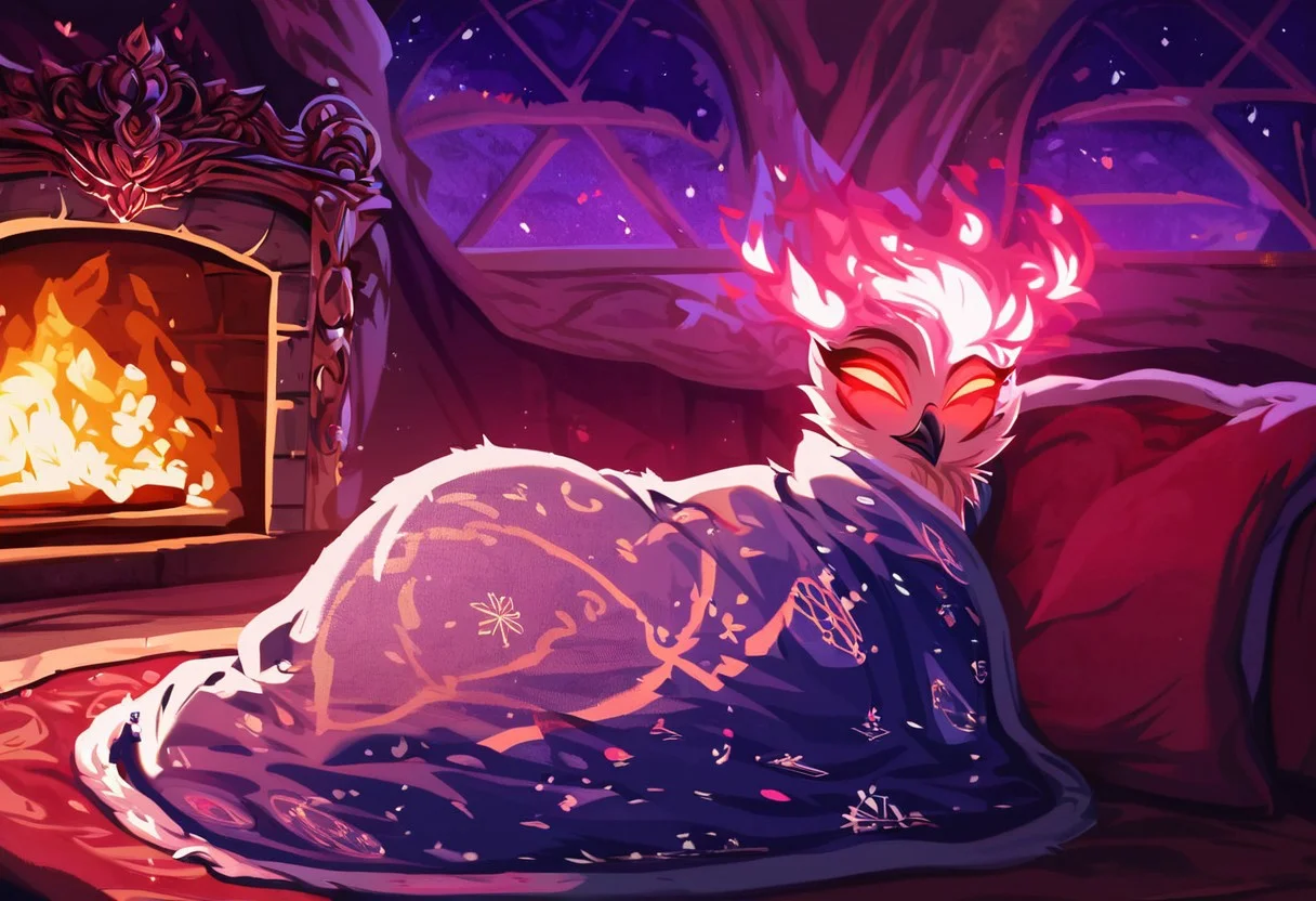 score_9_up,score_8_up,score_7_up,cozy,sprawling fantasy town beyond the end of reality, solo, masterpiece,high detail, high resolution, high quality, best quality, perfect face, perfect eyes, red glowing eyes, anthropomorphic owl demon,tall and slender, with a white heart-shaped facial disk, small black beak,StlsGtia_Dskfll, Stolas laying on sofa, wrapped in cozy blanket, warm fireplace in background, fire embers, galaxy view in window,blanket,comfyblanket,HazbinStyle,cartoon character, detailed shadows,cozy lighting,atmosphere