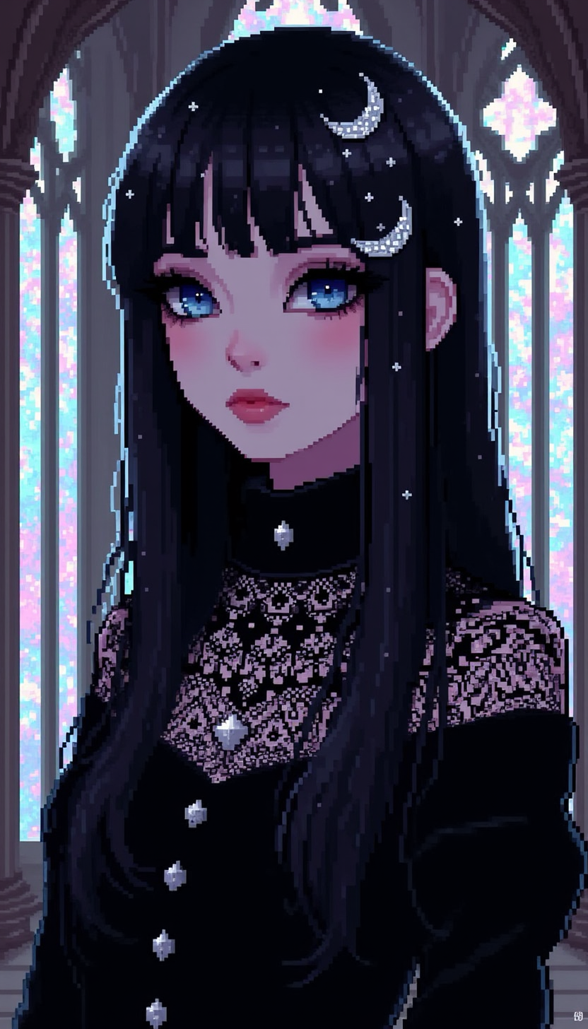 pinkpixelicious, 
A hauntingly beautiful woman with pale, flawless skin and piercing ice-blue eyes framed by dark lashes. Her long, sleek black hair is adorned with silver filigree clips shaped like crescent moons. She wears a high-necked black velvet gown with intricate lace detailing. The background reveals a dimly lit, grand gothic cathedral with towering stained-glass windows casting colorful shadows.