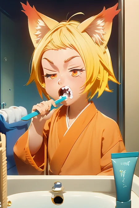 Youukkoo, looking at viewer, short hair, open mouth, blonde hair, animal ears, upper body, orange eyes, fox ears, sharp teeth, orange kimono, brushesteeth, holding, toothbrush, bathroom, mirror, sleepy, reflection, <lora:Sengoku_Youko_00_01:1.0> <lora:brushes_teeth_00_01:1>
