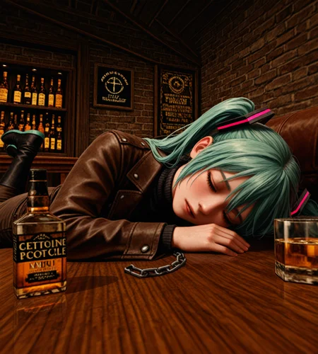 kingpin, realistic, masterpiece, best quality, amazing quality, realism, hyperrealistic, cinematic lighting, extreme close-up, upper body, hatsune miku, solo, sleeping on table, tired, exhausted, alcohol, whiskey, old worn brown leather jacket, black turtleneck, brown pants with chain accessory, black boots, bar (place), brick wall, wooden interior, wooden table, old worn out leather sofa,  <lora:dmd2_sdxl_4step_lora:1> <lora:Kingpin_-_Life_of_Crime_Style_E17_DIM16_ILXL_V1.2:0.8>