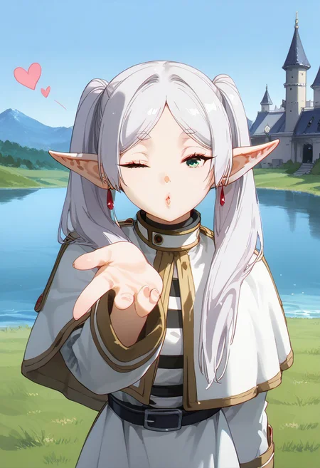 (Masterpiece, best quality, absurdres), Expressiveh, 1girl, detailed face, Frieren, \(sousou no frieren\), green_eyes, white_hair, twintails, long_hair, parted_bangs, pointy_ears, elf, green_eyes, white_hair, twintails, long_hair, parted_bangs, pointy_ears, elf, red_earrings, black_pantyhose, white_capelet, striped_shirt, white_skirt, white_dress, black_belt, long_sleeves, large breast, standing, upper body, face focus, looking at viewer, <lora:blowing-kiss-ponyxl-lora-nochekaiser:1>, blowing kiss, pucked lips, heart, one eye closed, o3o, looking at viewer, hand up, outdoors, grass field, lake, castle, BREAK score_9, score_8_up, score_7_up, score_6_up, csr style