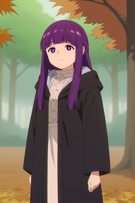 score_9, score_8_up, score_7_up, score_6_up, score_5_up, score_4_up, source_anime,anime screencap,anime coloring BREAK fern,mature,1girl,solo,bangs,long purple hair, purple eyes, light-gray Victorian top,black coat with hood,blunt bangs, nature, outdoors, autumn trees,forest,leafs, expressionless, bright pupils, white pupils,cowboy shot,consistent background <lora:Fern - PDXL.safetensors:0.8>