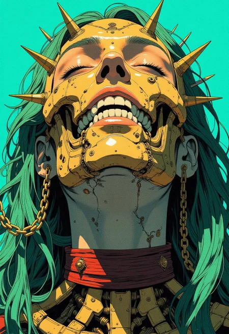 (This is a highly stylized digital illustration) A striking figure with an unsettling yet captivating presence is set against a vivid turquoise background, their pale skin contrasting sharply with long, flowing emerald green hair that cascades over their shoulders in jagged strands. Their face is partially obscured by a massive, jagged golden skull mask covering their mouth and nose, adorned with sharp metallic spikes and dangling gold chains that add to the aggressive, dystopian aesthetic. Their eyes are closed, and a slight, almost feral grin reveals razor-sharp white teeth, exuding an eerie sense of pleasure. Multiple piercings accentuate their harsh appearance, including a thick golden spike through their left eyebrow and a row of small gold spikes along their bottom lip. A thick crimson choker with gold spikes encircles their neck, enhancing the gothic and cyberpunk fusion. The high-contrast color palette heightens the intensity, with the bold turquoise background making the metallic details and dark elements stand out in a visually electrifying composition. The illustration is intricately detailed, emphasizing angular shapes, reflective textures, and an otherworldly yet high-tech aesthetic.
