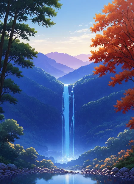 artist:, masterpiece, best quality, newest, very awa, absurdres, highres, scnr, waterfall, river, hills, blue sky, warm hues, detailed, <lora:SDXL\Illustrous\Concept\Scenery_Enchancer-Illu-scnr:1.0>